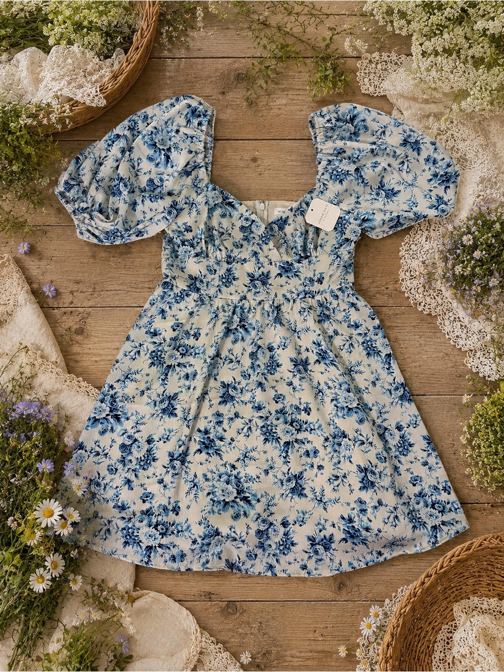 Altar’d State NWT Blue Floral Puff Sleeve Babydoll Mini Dress Medium Cottagecore